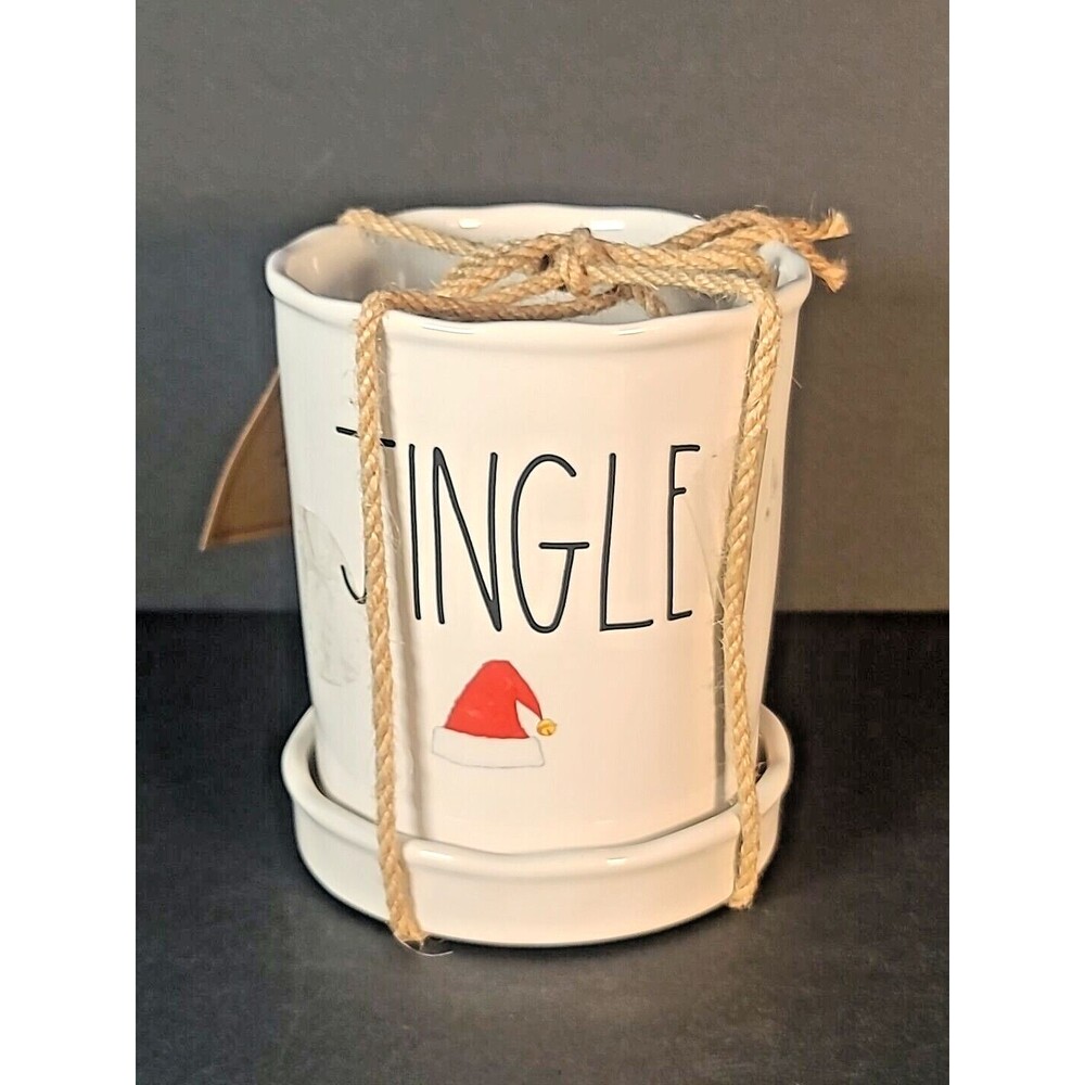 Rae Dunn JINGLE Santa Hat Ceramic Planter Garden FLOWER POT & Tray Magenta NEW - Picture 2 of 5